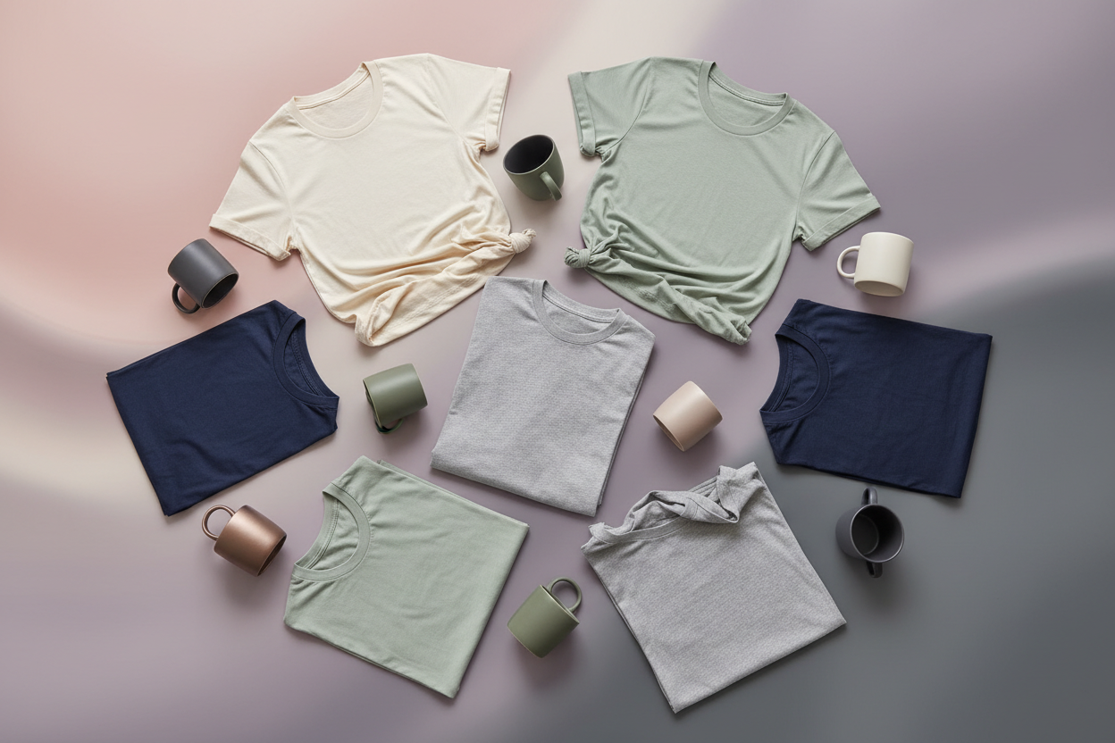 a gradient, with t shirts and mugs scattered across 